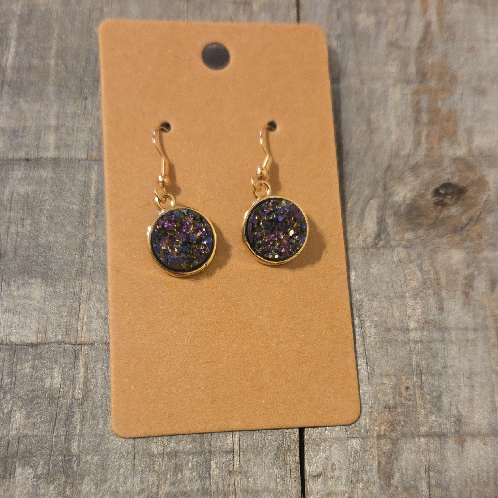 NEW Druzy Sparkly Drop Crystal Round Pendant Dangly Earrings Dark Amethyst/Gold